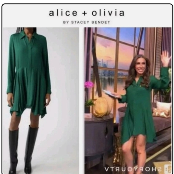 alice+olivia Avita Shirtdress Long Sleeve Above Knee Asymmetric Hem Green M NWT - Picture 4 of 14